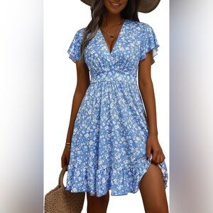 Women's Blue Floral V Neck Above Knee Dress Size Small‎